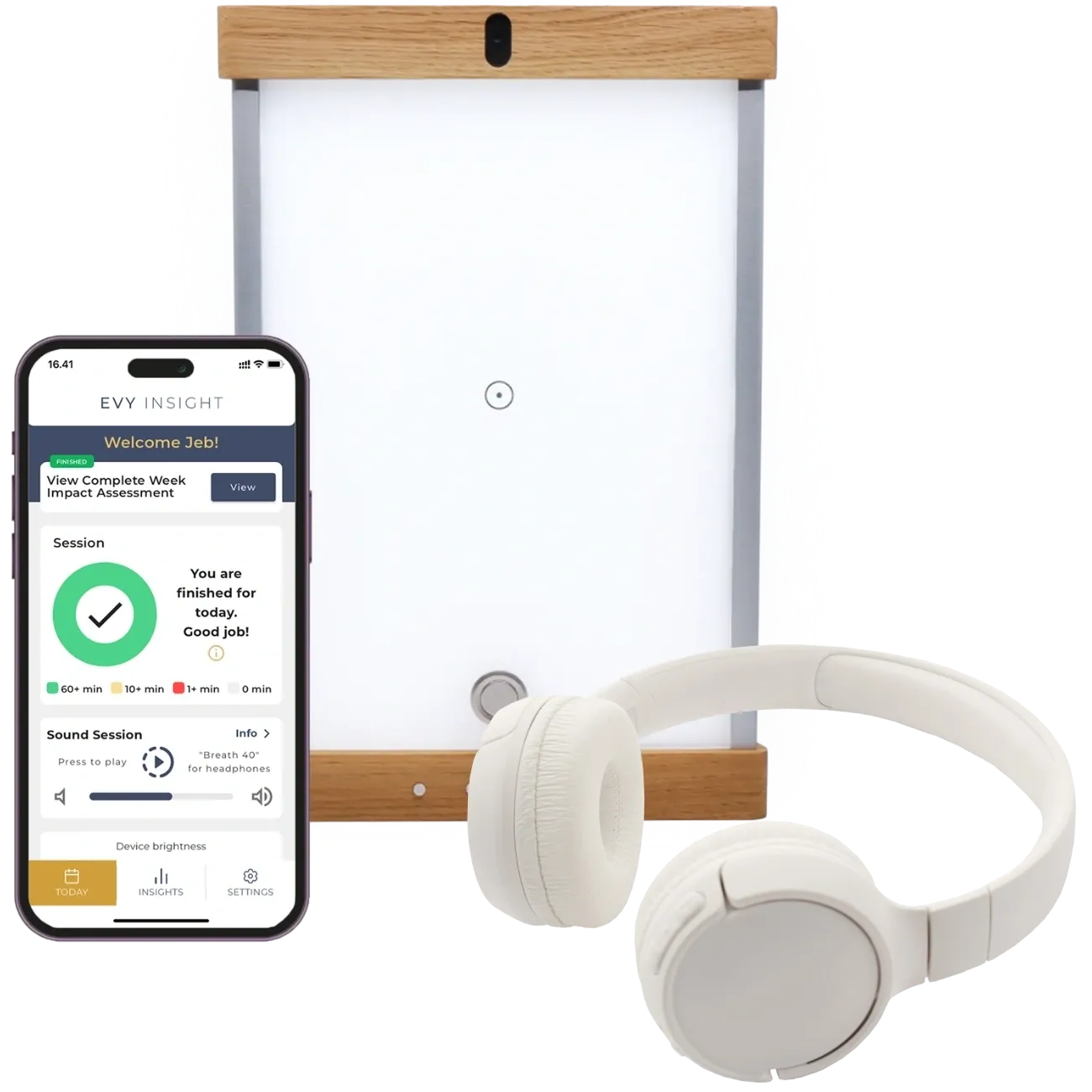 Smartphone, light panel, and headphones on display.