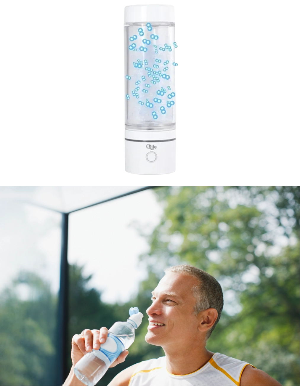 Hydrogen water bottle and person drinking water.