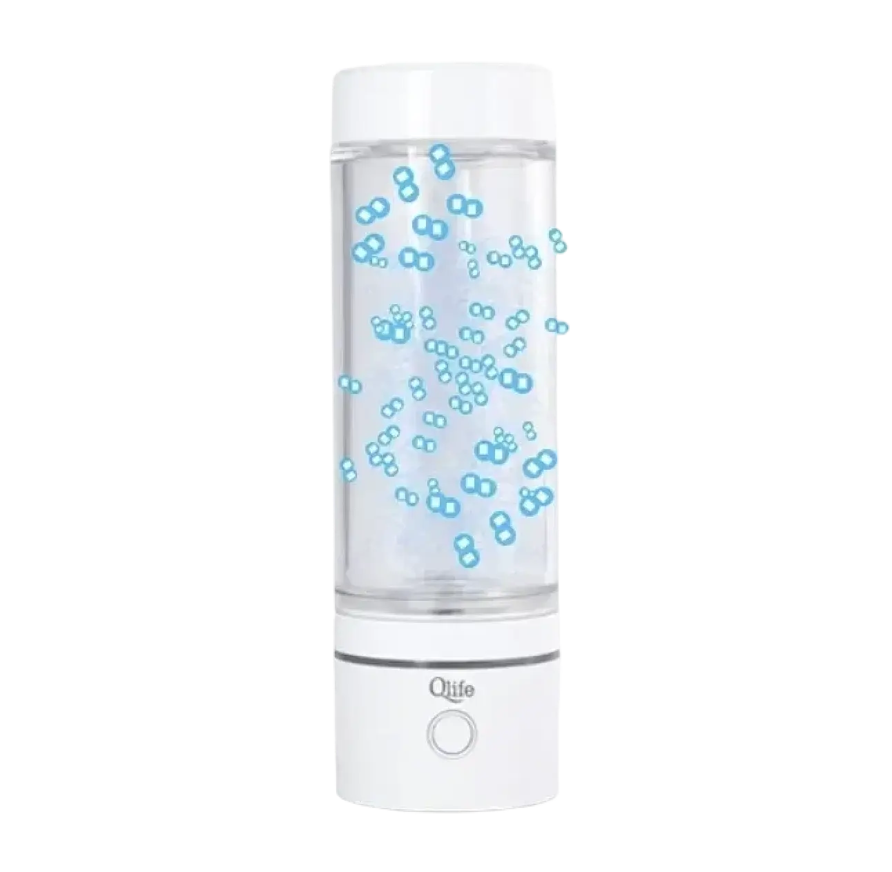 Water bottle with blue hydrogen bubbles inside.