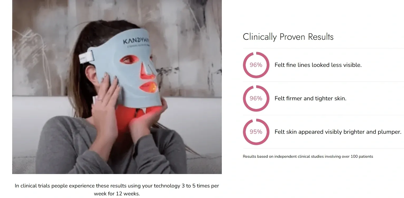 Woman using LED face mask with text results.